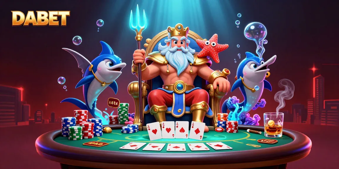 DABET offers a captivating poker scene with Neptune and samurai, showcasing thrilling gambling action.