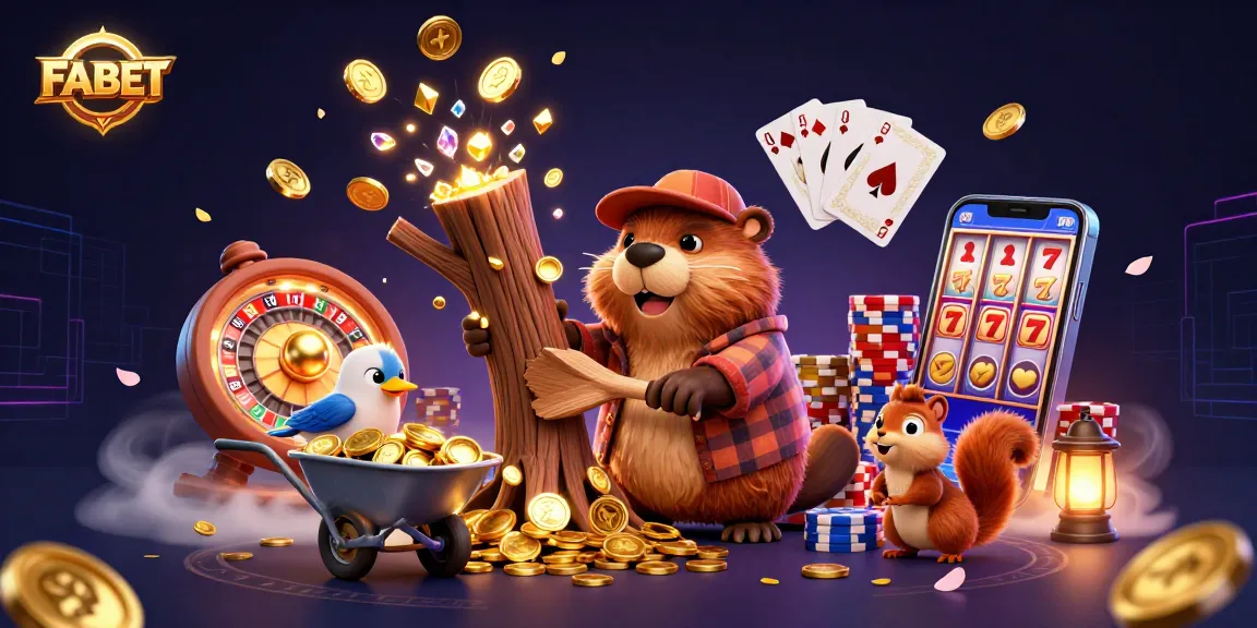 Experience the dynamic world of FABET with a 3D cartoon illustration of a beaver collecting golden coins and poker chips.