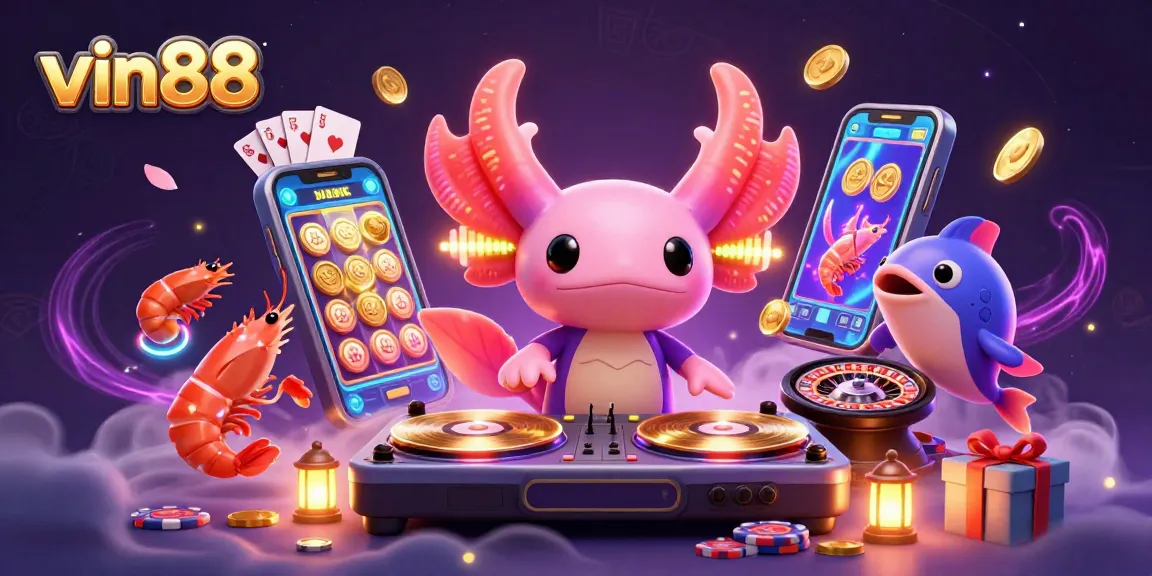 Experience vin88 thrills with vibrant illustrations of a DJ axolotl and energetic sea creatures.