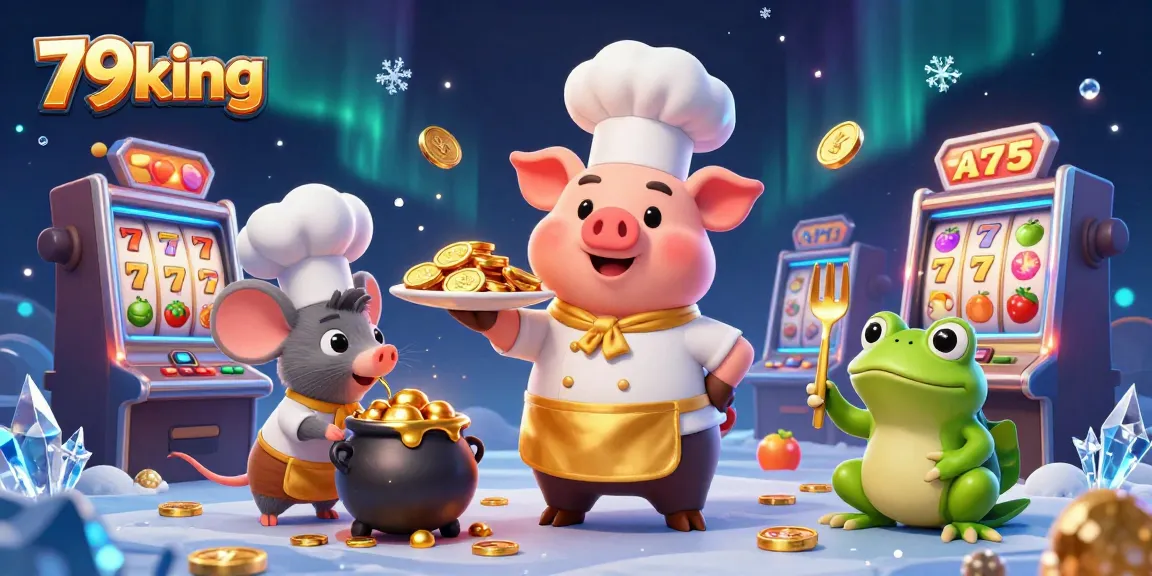 Experience the thrill of 79king with a chef pig serving gold coins amidst vibrant slot machines.
