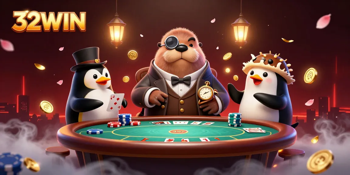 Engage with 32WIN's thrilling poker scene featuring a bluffing pufferfish and a sophisticated penguin dealer.