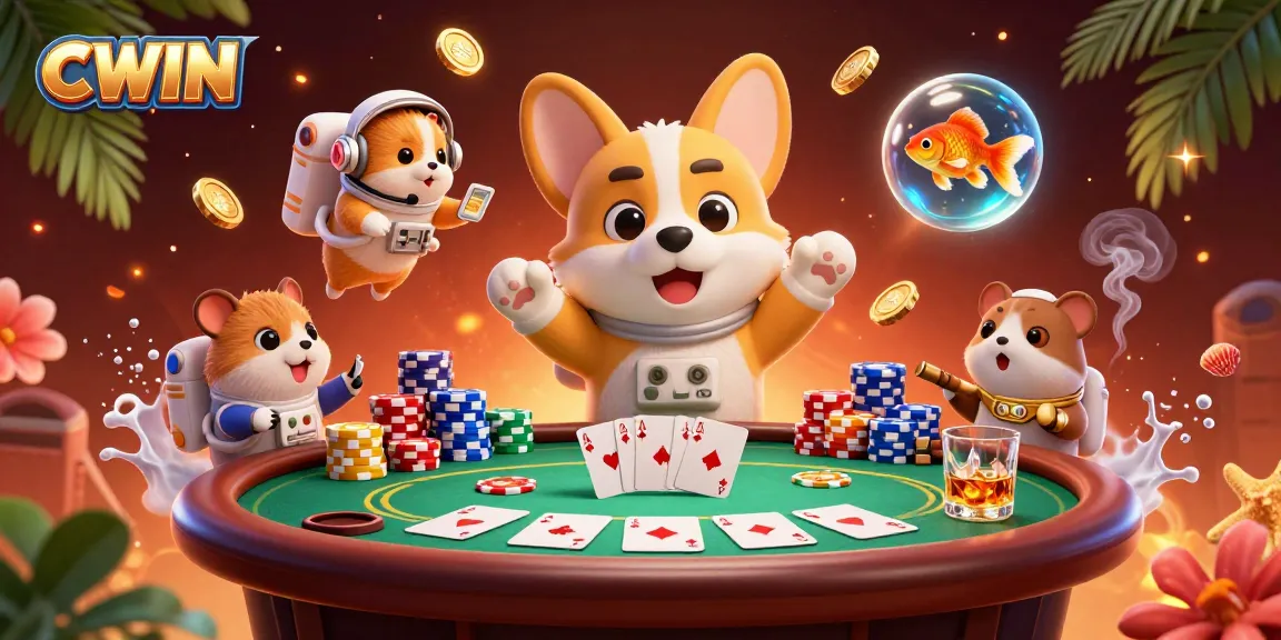 CWIN captivates players in an ultra-detailed digital casino scene with vibrant colors and dynamic poker elements.