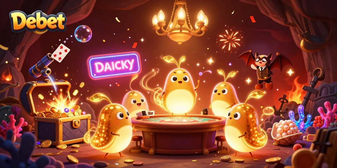 Bet and win at Debet's vibrant cave casino filled with glowing treasures and lively characters.