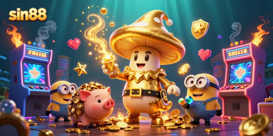 sin88 magical casino scene with a golden mushroom wizard and treasure-hunting pig