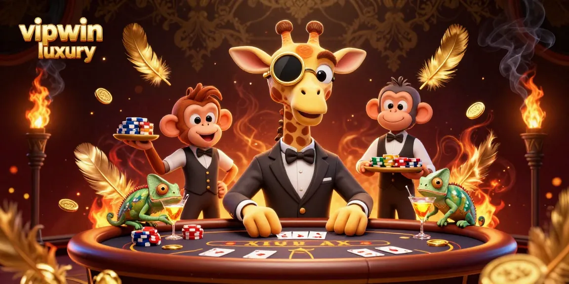 Experience winning at vipwin luxury with high-roller giraffe and poker elements in a vibrant casino scene.