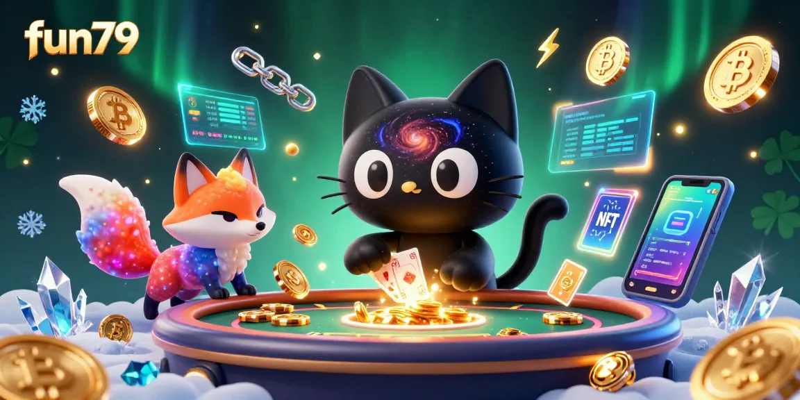 Win big at fun79 with a vibrant cosmic casino scene filled with animated characters and glowing crypto elements.