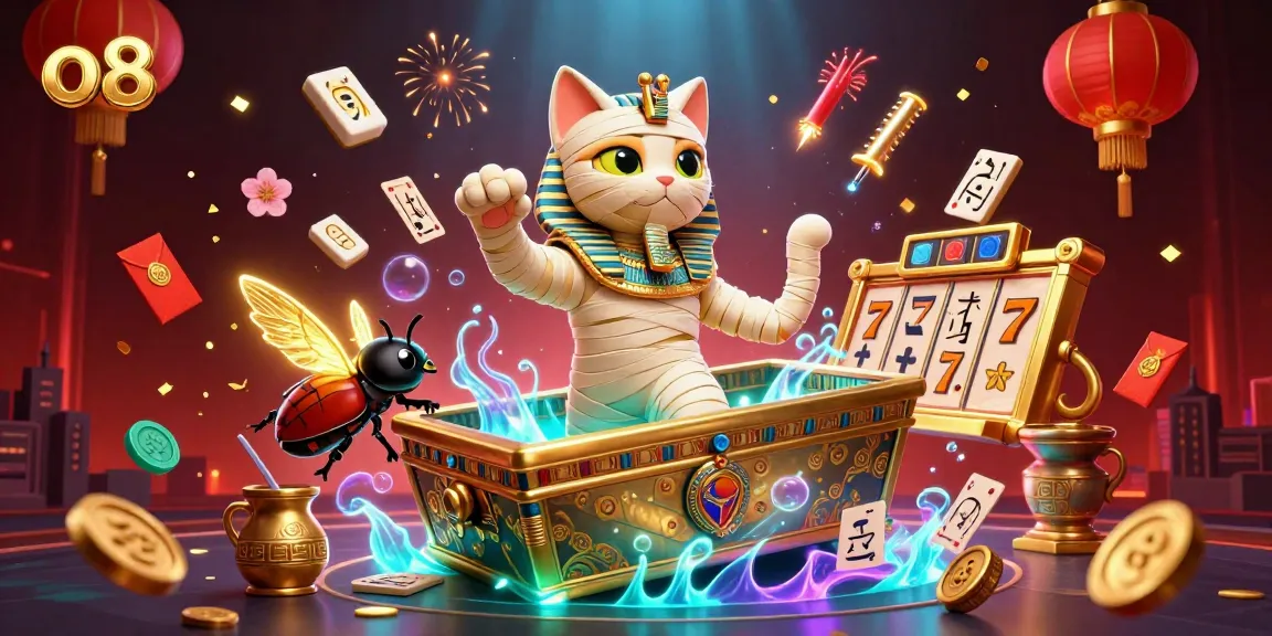 Engage with o8's vibrant casino scene featuring an Egyptian mummy cat and glowing scarab in an electrifying atmosphere.