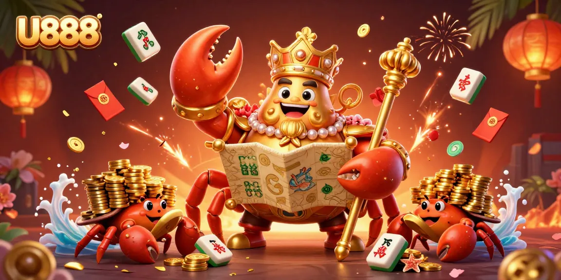 Engage with U888's thrilling gaming experience featuring a golden crab emperor and treasure.
