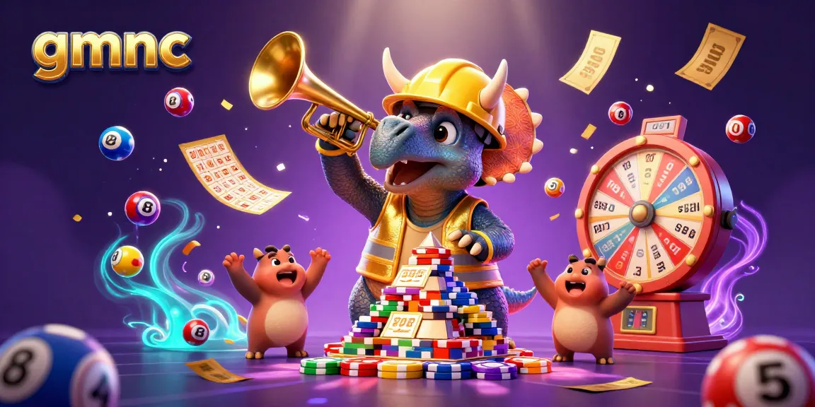 Experience gmnc's thrilling casino action with a triceratops building poker chips among festive game elements.