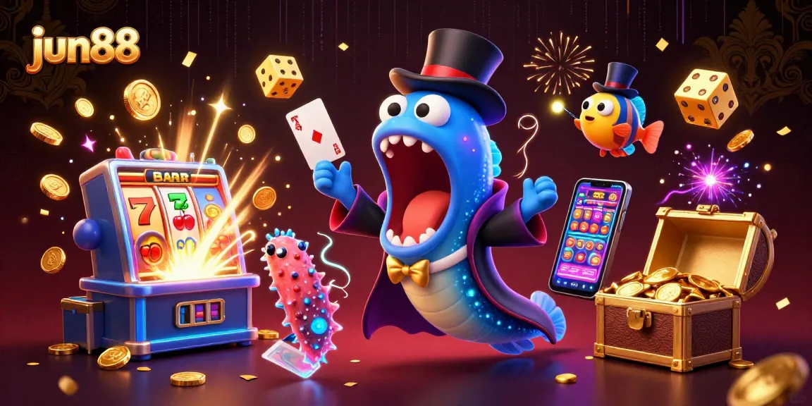 jun88 characters perform thrilling casino tricks amidst vibrant jackpot scenes.
