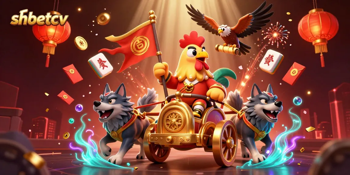 Experience shbetcv's vibrant gaming world with an epic rooster warlord chariot scene and golden casino elements.