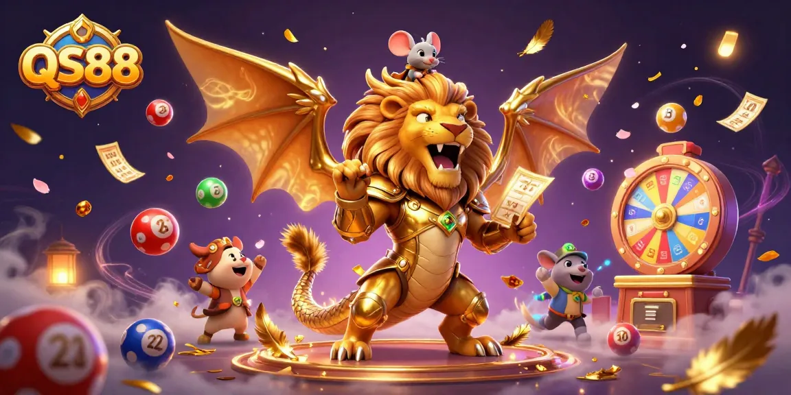 Engage with QS88 in a dynamic atmosphere filled with vibrant game elements and a roaring chimera creature.