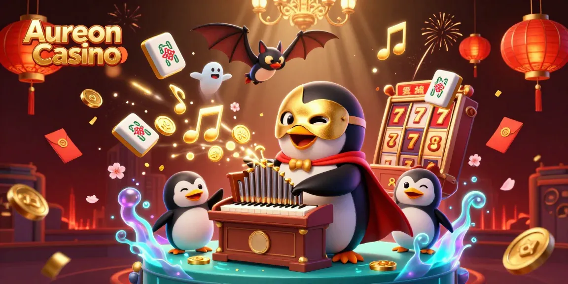 Aureon Casino showcases players winning with a penguin organist and whimsical gaming elements.