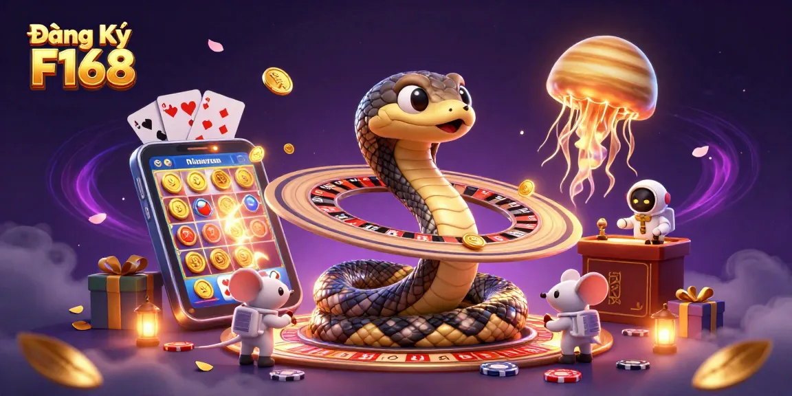 Place your bets with Đăng Ký F168 in this vibrant 3D casino universe illustration.