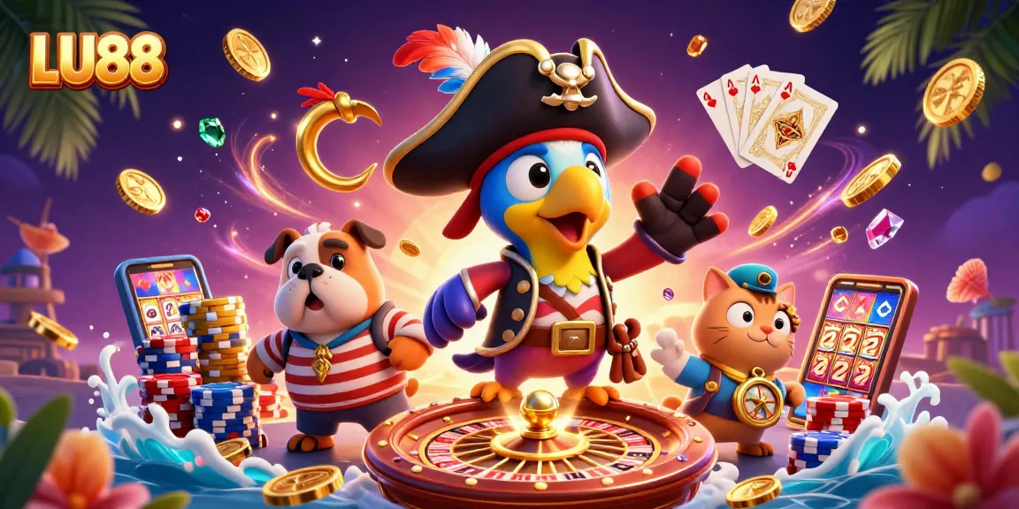 LU88 captures thrilling casino excitement with cartoon characters amidst colorful game elements.