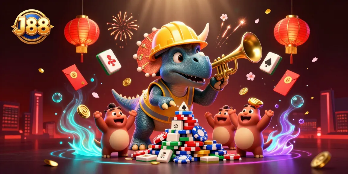 Experience J88 gaming excitement with a triceratops building poker chip pyramids amid festive casino elements.